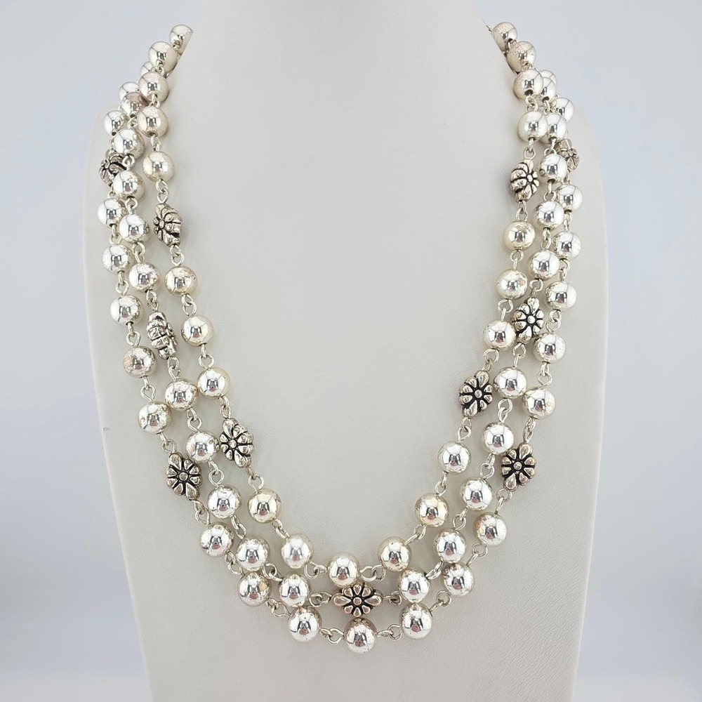 Vintage CHAPS Layered Necklace Floral Sunburst Beads 3 Strand Silver Tone 21"